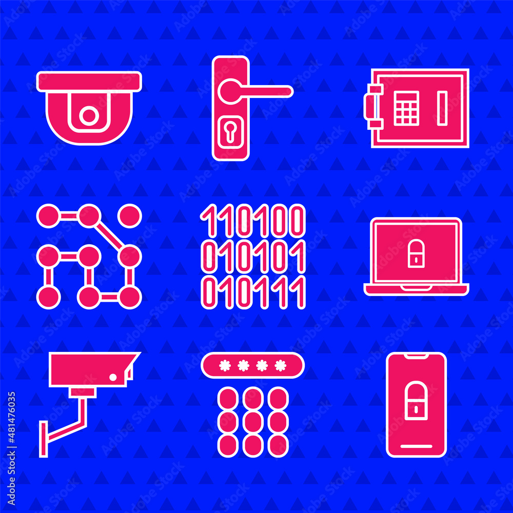 Poster set binary code, password protection, mobile with closed padlock, laptop and, security camera, graph