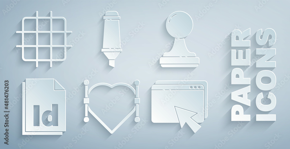 Poster set heart with bezier curve, stamp, id file document, web design and development, marker pen and gri