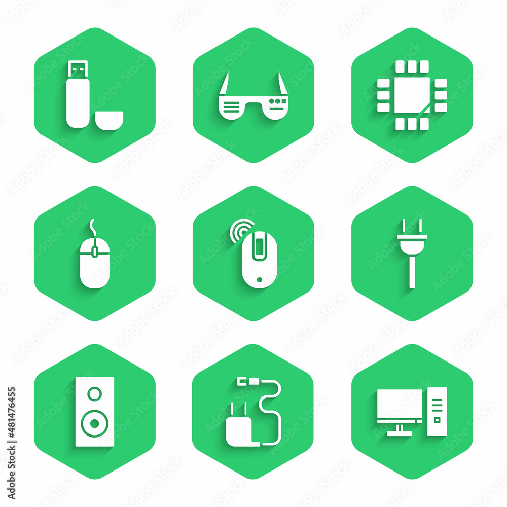 Poster set wireless computer mouse, charger, computer monitor, electric plug, stereo speaker, processor wit