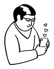 Happy man with a phone. A smiling middle-aged man looking into his phone, interacting and liking.