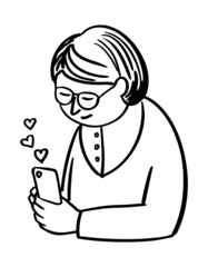 Happy woman with a phone. A smiling middle-aged woman looking into her phone, interacting and liking.