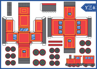 Kids craft cut and glue paper train. Children actives template worksheet. Create 3d model toy. Printable vector child art game.