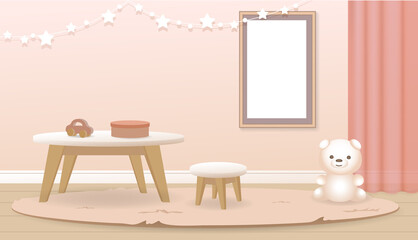 Fototapeta na wymiar Pink baby room. Realistic vector interior kids bedroom. Indoor mockup with children table, chair, frame and toy. Background illustration kindergarten playroom.
