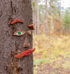 Fototapeta premium Wood carved tree with human face in a forest