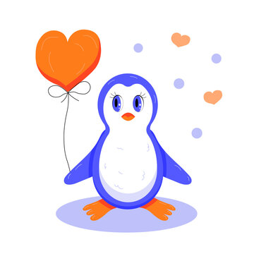 Penguin with a balloon in the shape of a heart. Vector illustration