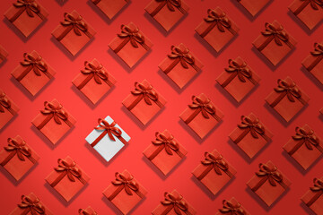 An extraordinary unusual gift. Gift in a white box among many red boxes