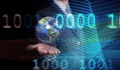 World Technology Concepts. Global Network and Data Exchange. Gesture Hand Levitating Globe