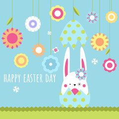 Easter greeting card with Easter bunny, eggs and flowers. Funny, cartoon easter illustration
