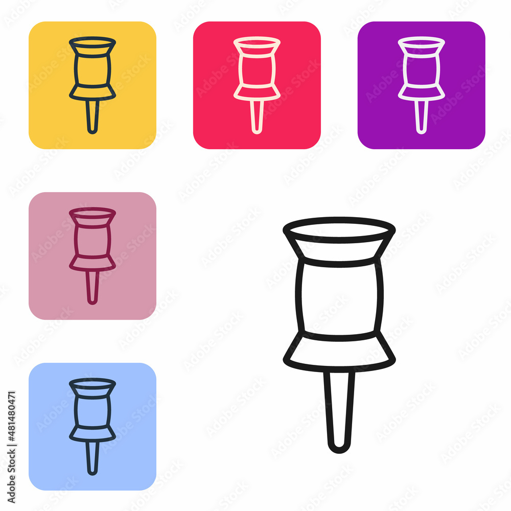Poster black line push pin icon isolated on white background. thumbtacks sign. set icons in color square bu