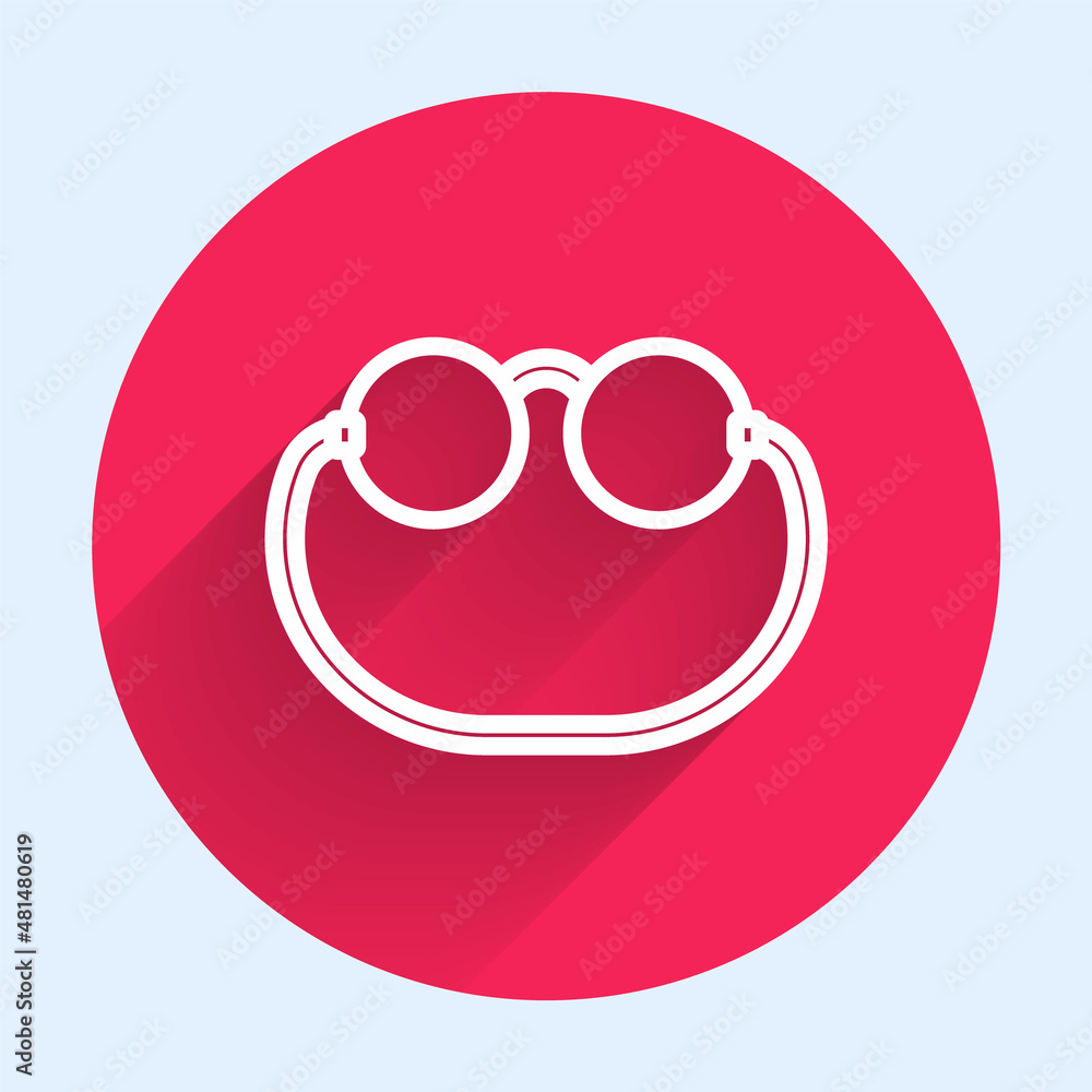 Poster white line eyeglasses icon isolated with long shadow. red circle button. vector