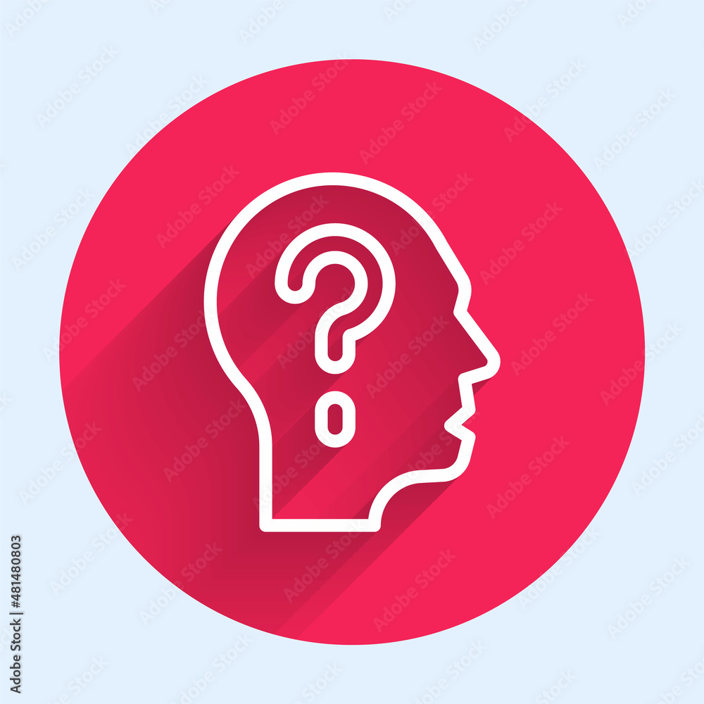 Aufkleber white line human head with question mark icon isolated with long shadow. red circle button. vector