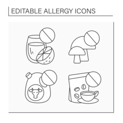 Allergy line icons set. Abnormal allergic reactions to orange juice, mushroom spores, milk and coffee. Healthcare and treatment concept. Isolated vector illustrations. Editable stroke