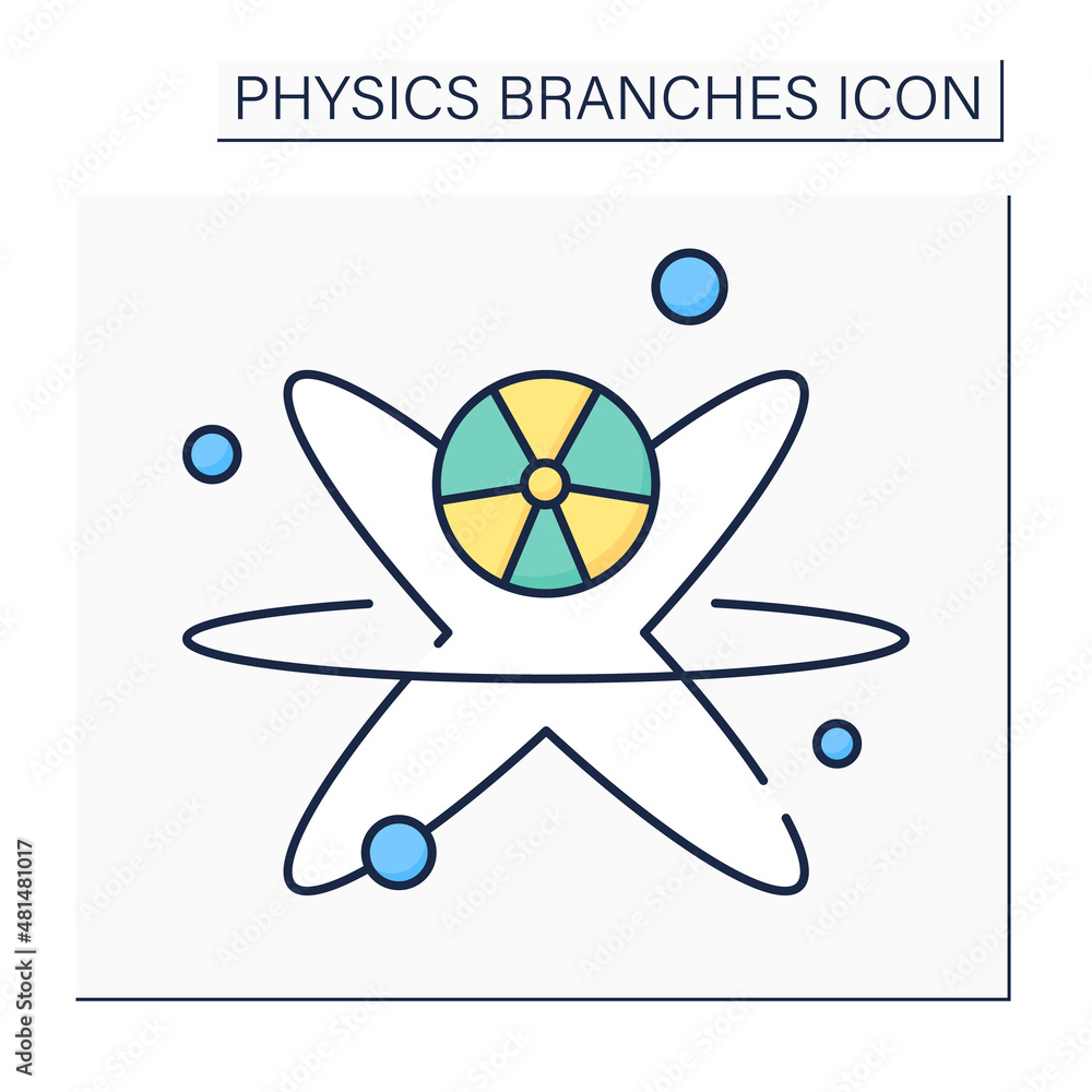 Poster nuclear physics color icon. investigation of structure and properties of atomic nuclei. nuclear reac