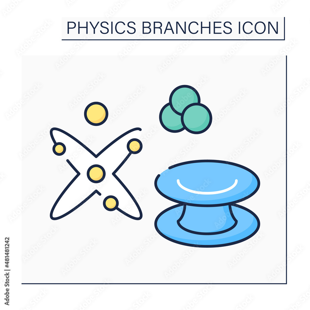 Poster quantum physics color icon. wacky behavior of photons, electrons and atoms. physical branches concep