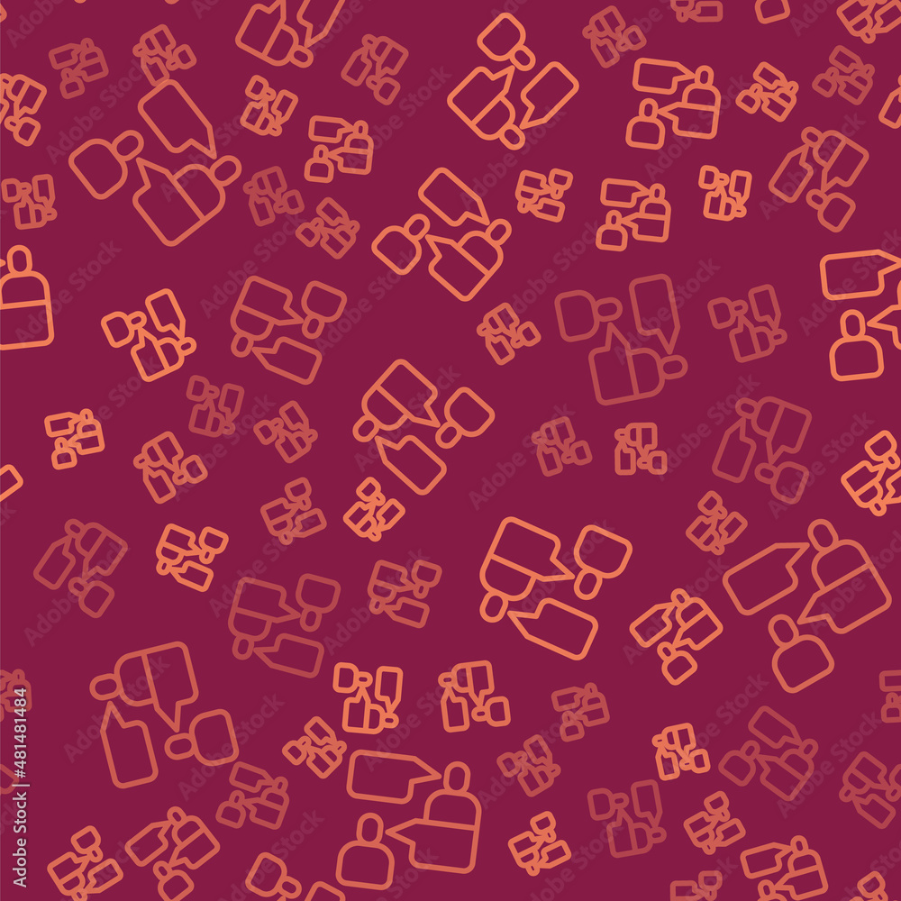 Poster brown line two sitting men talking icon isolated seamless pattern on red background. speech bubble c