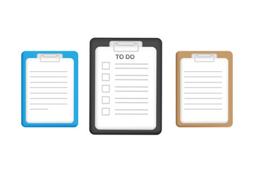 3D cartoon style set collection file document clipboard in black, wood brown, blue color.