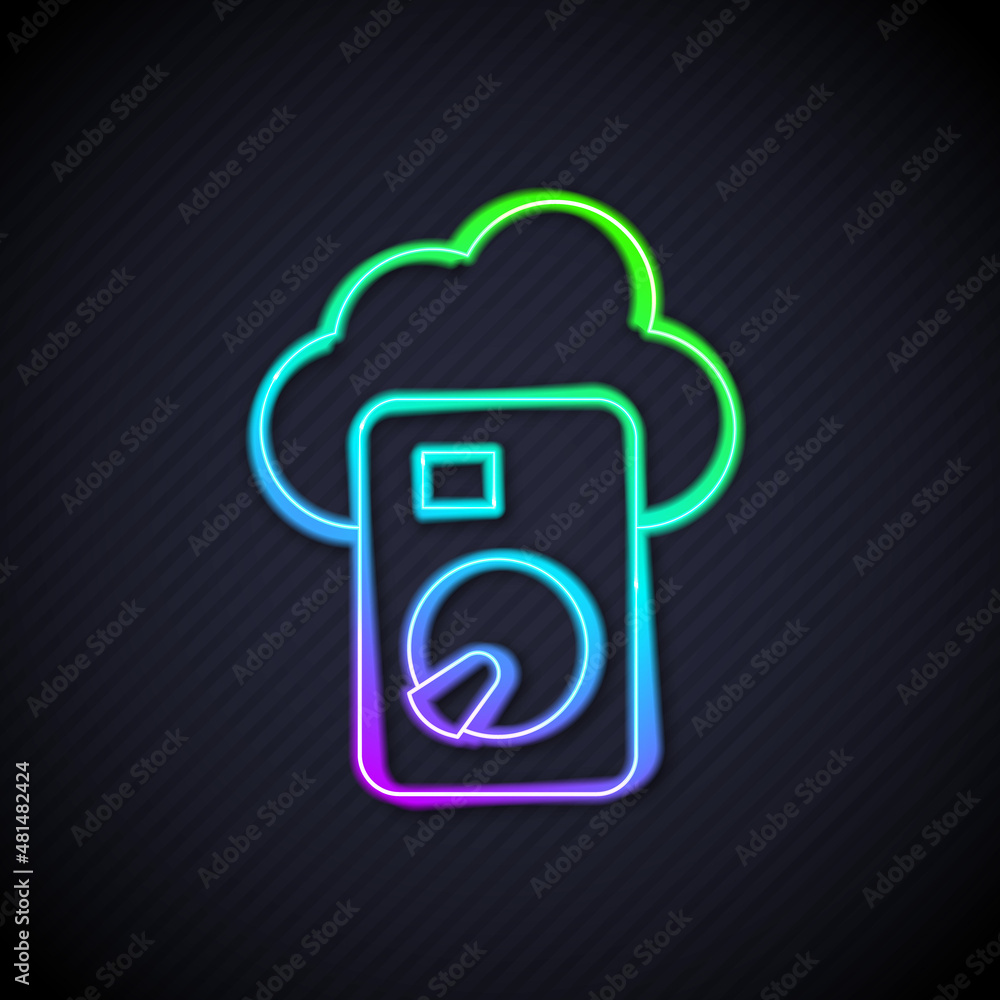Poster glowing neon line cloud database icon isolated on black background. cloud computing concept. digital