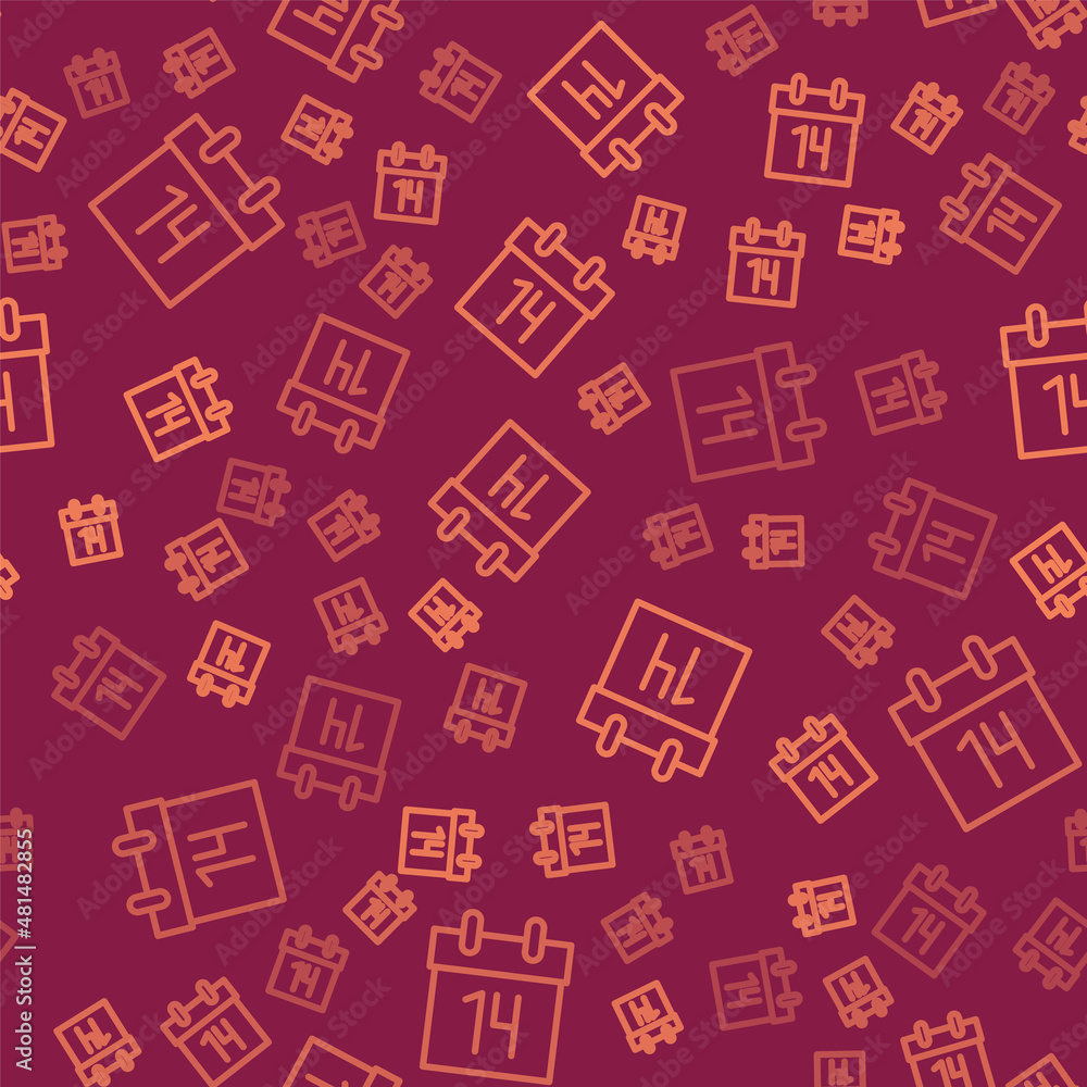 Poster brown line calendar icon isolated seamless pattern on red background. event reminder symbol. vector