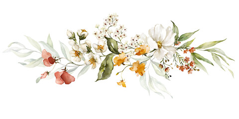 Fototapeta premium Watercolor floral bouquet - illustration with butterfly, blush pink blue yellow vivid flowers, green leaves, for wedding stationary, greetings, wallpapers, fashion, backgrounds, textures.