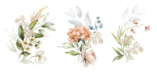 Watercolor floral bouquet illustration set - blush pink blue yellow flower green leaf leaves branches bouquets collection. Wedding stationary, greetings, wallpapers, fashion, background. - 481484462