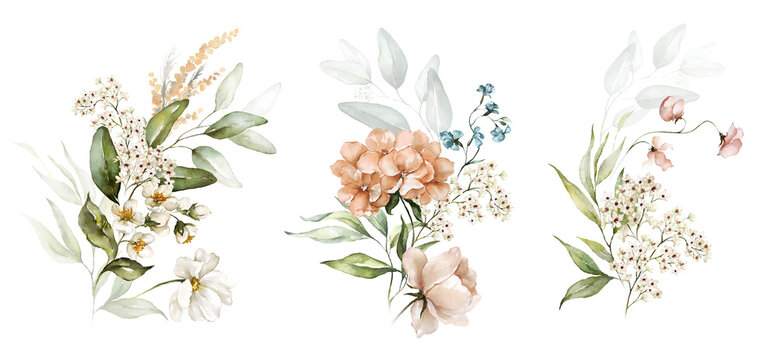 Watercolor floral bouquet illustration set - blush pink blue yellow flower green leaf leaves branches bouquets collection. Wedding stationary, greetings, wallpapers, fashion, background. © Veris Studio