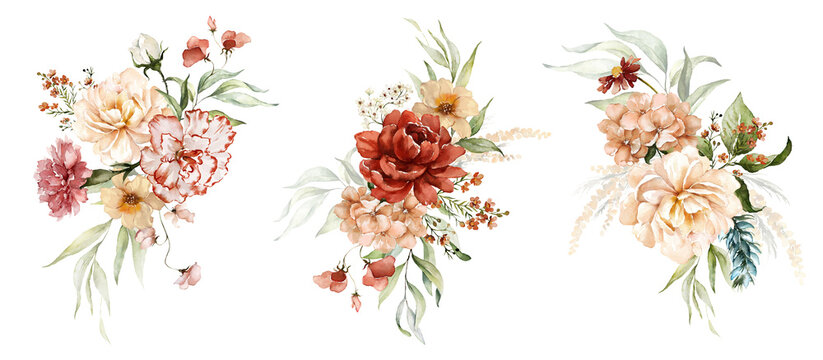 Watercolor floral bouquet illustration set - blush pink blue yellow flower green leaf leaves branches bouquets collection. Wedding stationary, greetings, wallpapers, fashion, background.