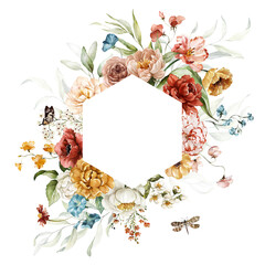 Watercolor round floral frame illustration - blush pink yellow green leaves branches wreath frame for wedding stationary, greetings, wallpapers, fashion, background. Eucalyptus, olive, green leaves.