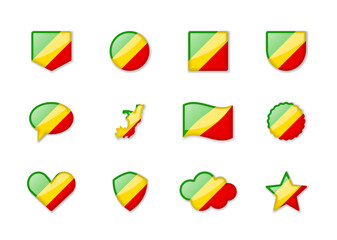 Congo - set of shiny flags of different shapes.