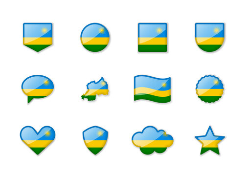 Rwanda - set of shiny flags of different shapes.