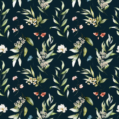 Seamless watercolor floral pattern - pink blush flowers elements, green leaves branches on dark black background  for wrappers, wallpapers, postcards, greeting cards, wedding invites, romantic events. © Veris Studio