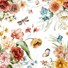 Motif floral harmonieux à l& 39 aquarelle - éléments de fleurs roses blush, branches de feuilles vertes sur fond blanc  pour les emballages, papiers peints, cartes postales, cartes de vœux, invitations de mariage, événements romantiques.