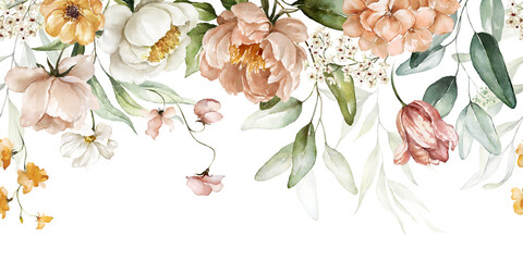 Bouquet border - green leaves and blush pink flowers on white background. Watercolor hand painted seamless border. Floral illustration. Foliage pattern. - 481484856