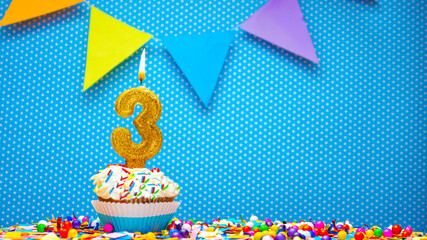 Postcard with the number 3 for any holiday or anniversary. Happy birthday cupcake cream with number...