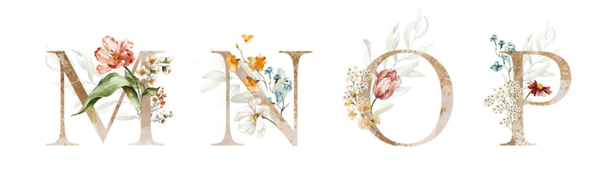 Gold Green Floral Alphabet Set Collection - letters M, N, O, P with peach pink white gold botanic flower branch bouquets composition. Wedding invitations, baby shower, birthday, other concept ideas.