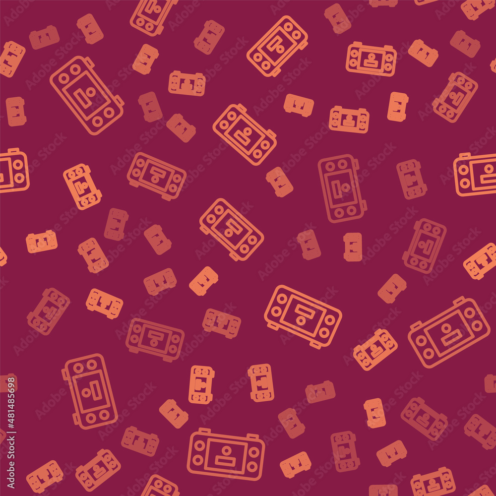 Poster brown line portable video game console icon isolated seamless pattern on red background. handheld co