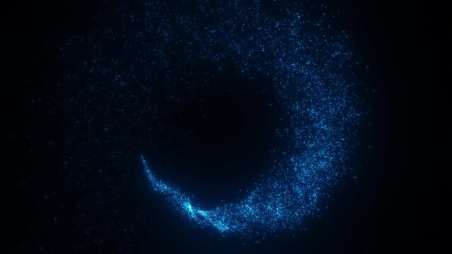 Bright flying sparks of particles, spinning in a circle, follow the flashing star.