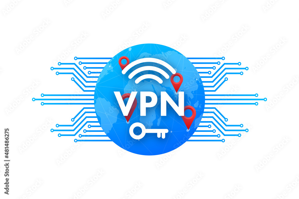 Wall mural Secure VPN connection concept. Virtual private network connectivity overview. Vector stock illustration.