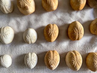 Skeletons, known as tests, of Heart Urchin Echinocardium Cordatum also known as sea potatoes on white cotton cloth