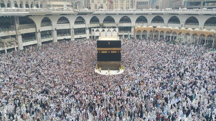 Muslim pilgrims from all around the world doing tawaf, praying around the kabah, during hajj