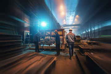 Workers in modern metalworking shop. Foundry workshop interior inside. Heavy industry manufacturing production line. Blurred motion effect.
