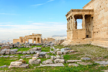 Fototapeta premium View from the top of Acropolis Hill of the Erechtheum and Propylaea, two of the structures along with the Parthenon, in Athens, Greece.