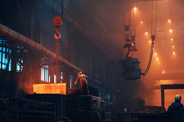 Metallurgy plant interior. Foundry worker on big mold for iron cast. Heavy industry. Steel factory.