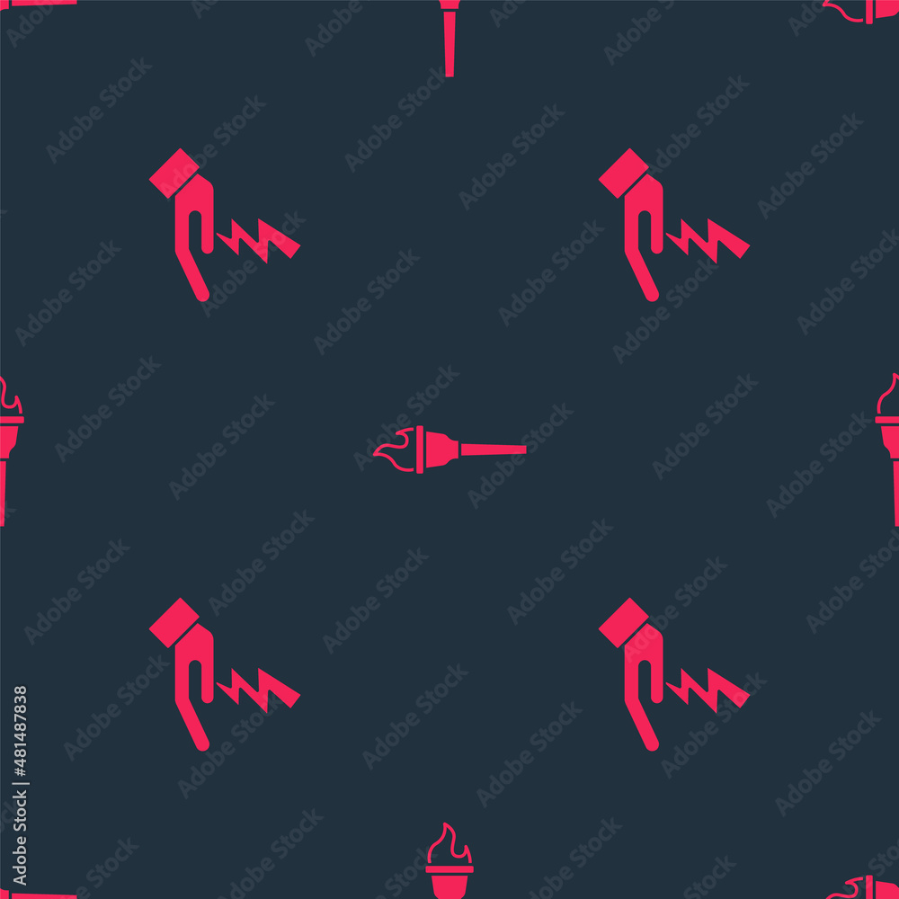 Poster set zeus and torch flame on seamless pattern. vector