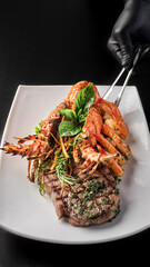 Surf and turf with meat, shrimp and octopus gourmet seafood
