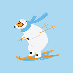 Polar bear surfing snowboard on downhill. Extreme outside winter sport concept.