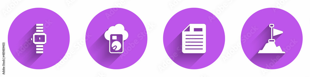 Poster set wrist watch, cloud database, file document and mountains with flag on top icon with long shadow.