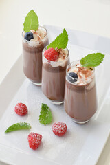 Iced Chocolate Drink with Berries on the White Dish, White Image, Copy Space