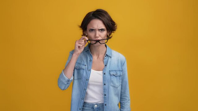 Lady scold finger children hooligans isolated bright color background