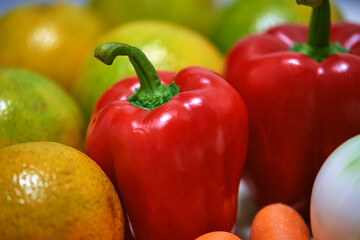 group of fruits and vegetables. Natural, organic food and nutrients. Tomato, pumpkin, nopal, jicama, oranges, peppers.
