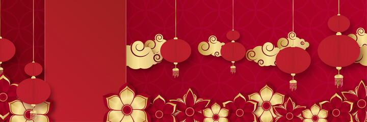 Chinese china red gold background. Chinese china new year 2022 year of the tiger red and gold flower and asian elements paper cut with craft style on background.